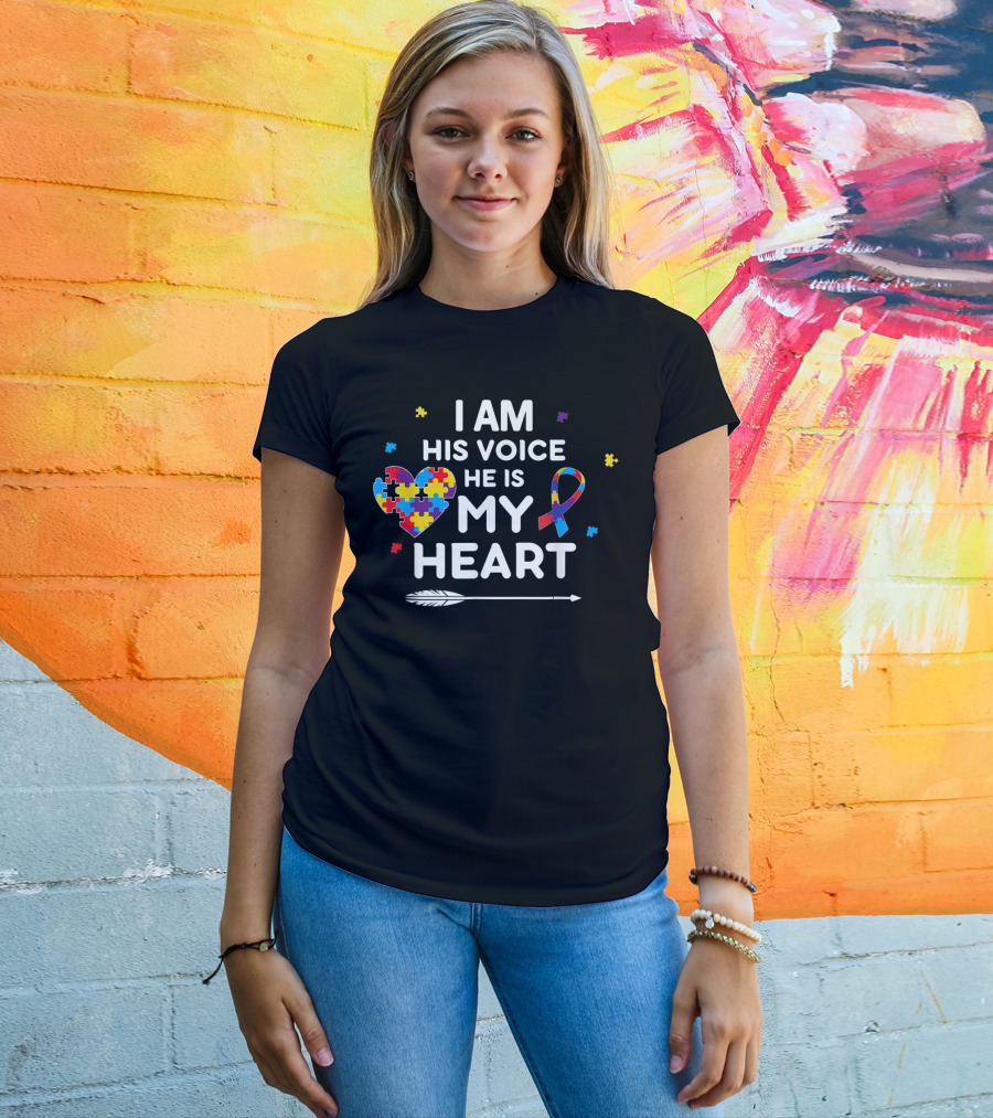 I Am His Voice He Is My Heart Puzzle Piece Ribbon Autism Awareness T-Shirt