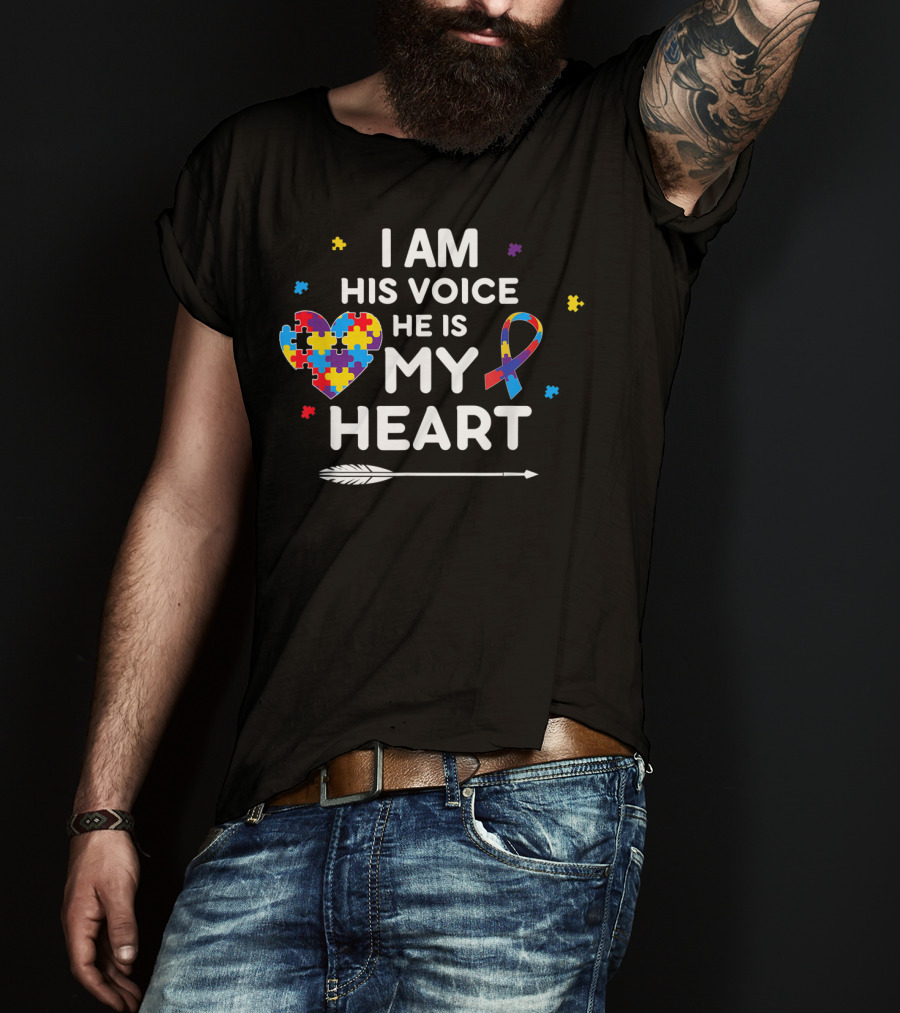 I Am His Voice He Is My Heart Puzzle Piece Ribbon Autism Awareness T-Shirt