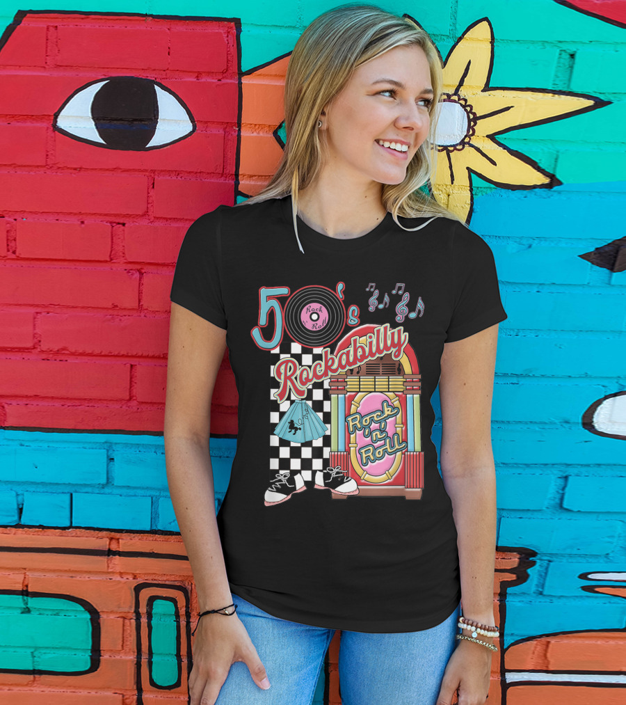 50's Rock N Roll Rockabilly Jukebox And Checkered Dance Floor T-Shirt
