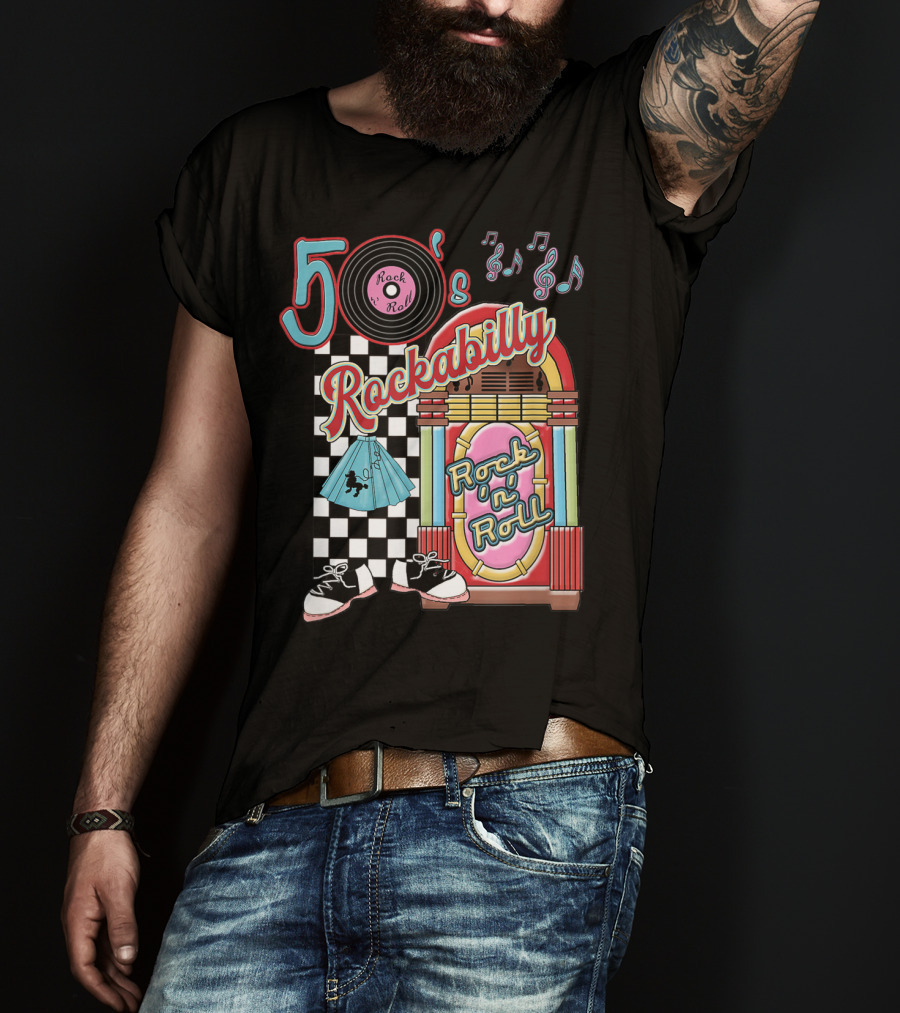 50's Rock N Roll Rockabilly Jukebox And Checkered Dance Floor T-Shirt