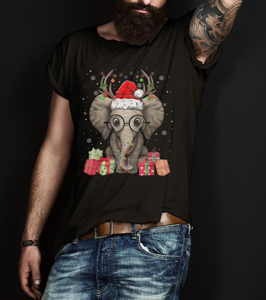 Christmas Cute Elephant Santa Reindeer With Gifts And Snowflakes T-Shirt