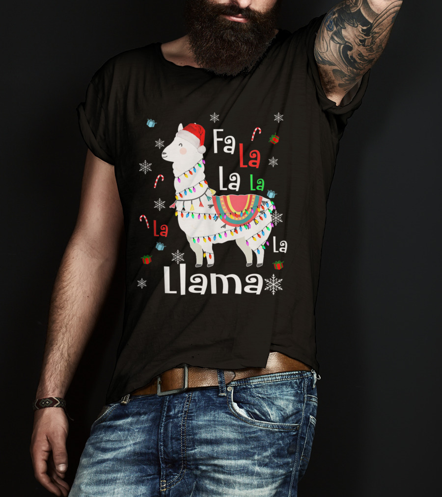 Fa La La Llama Llama Christmas Lights And Santa Hat With Candy Canes Snowflakes And Presents T-Shirt