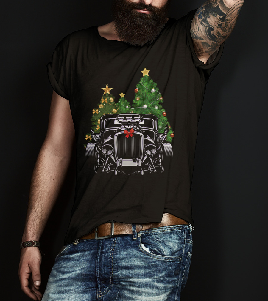 Hot Rod Christmas Classic American Car With Festive Trees T-Shirt