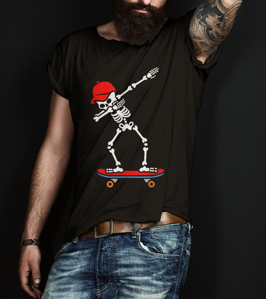 Dabbing Skeleton In Red Cap On Skateboard T-Shirt