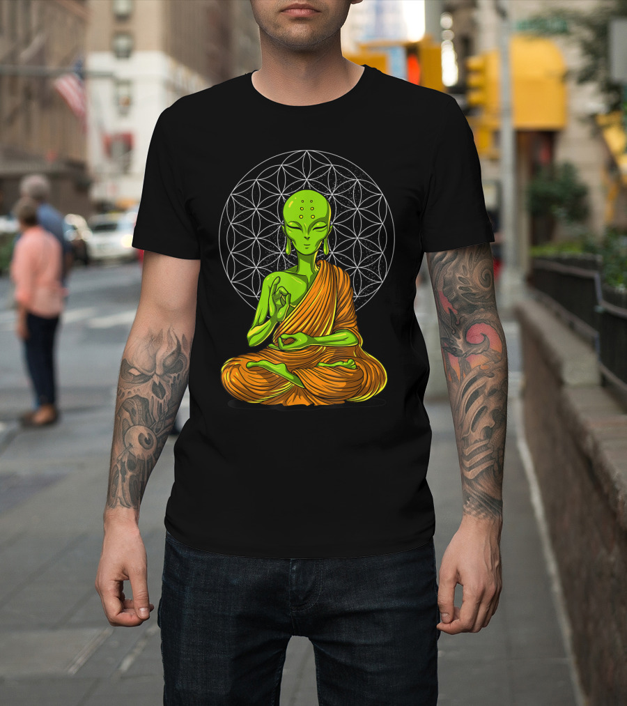 Alien Yoga Meditation Zen Namaste Buddha With Mandala Background T-Shirt