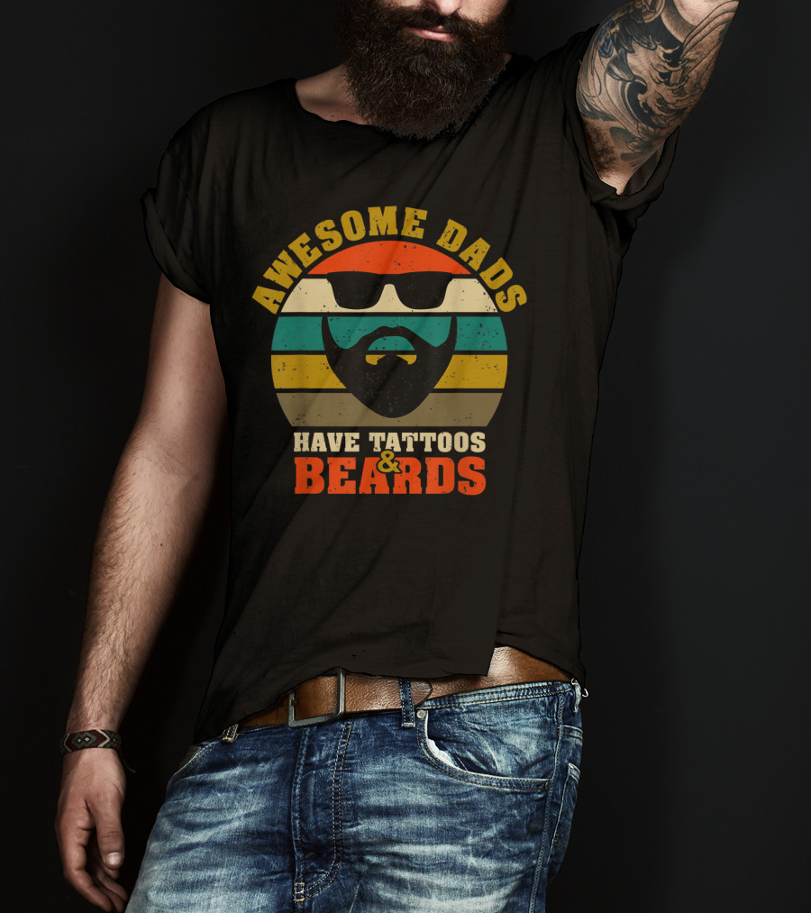 Awesome Dads Have Tattoos And Beards Retro Stripes Beard Sunglasses T-Shirt