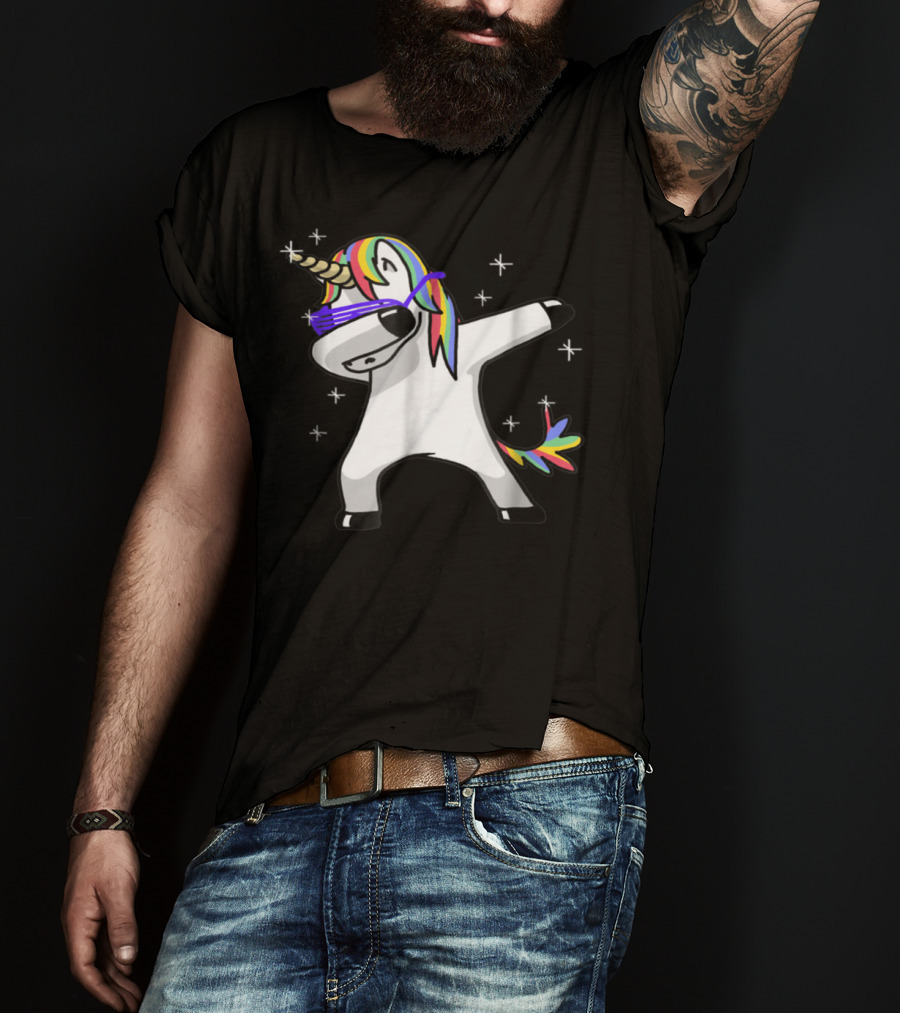 Rainbow Dabbing Unicorn With Sunglasses And Stars T-Shirt