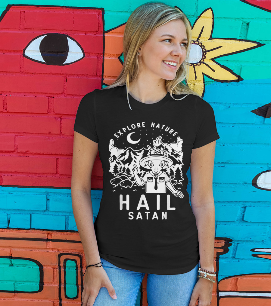 Explore Nature Hail Satan Baphomet Scout IN Mountain Landscape With Night Sky T-Shirt