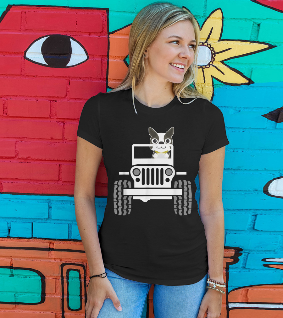 Funny Boston Terrier Dog In Jeep Dad T-Shirt