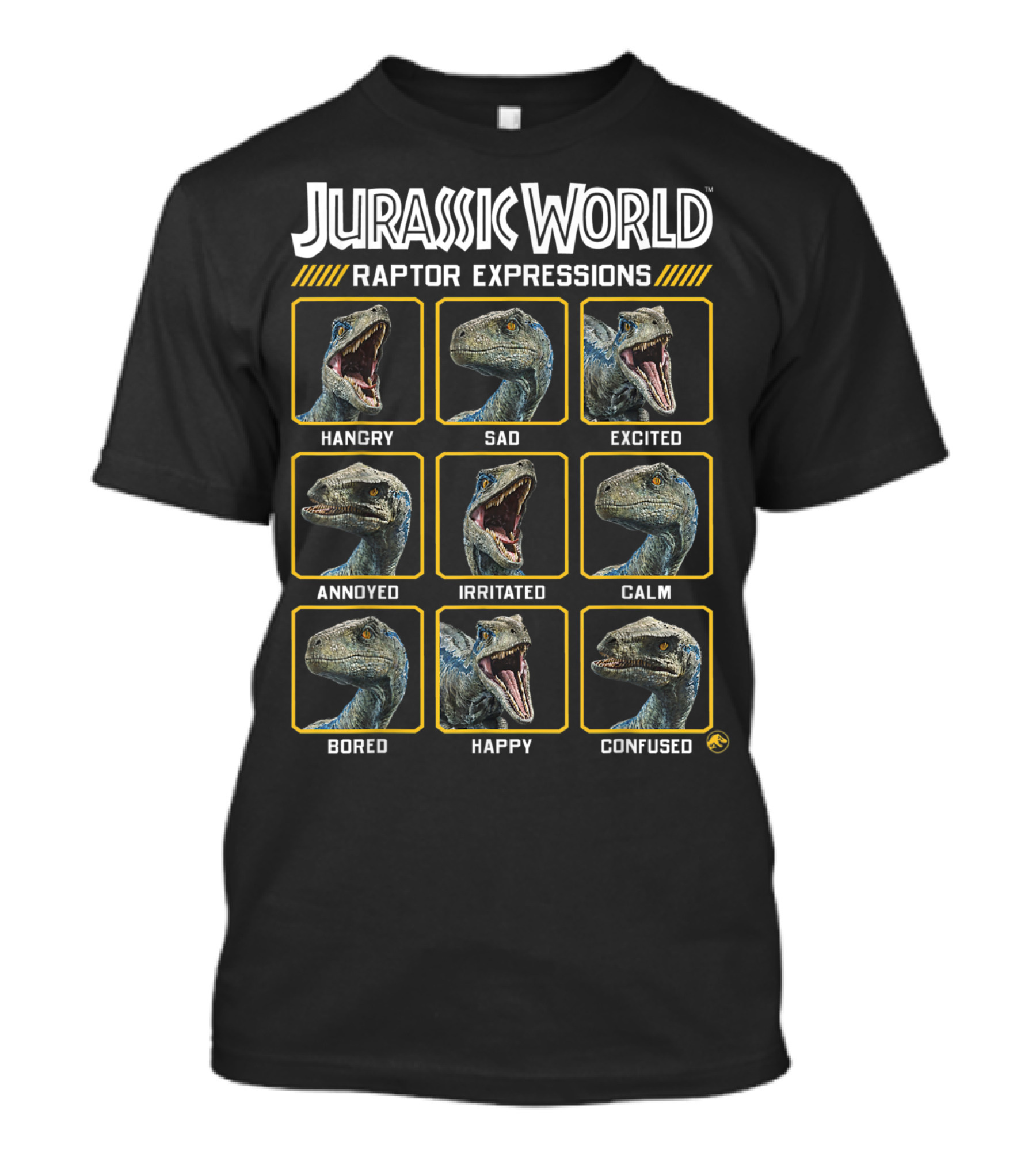 Jurassic World Raptor Expressions Hangry Sad Excited Annoyed Irritated Calm Bored Happy Confused T-Shirt