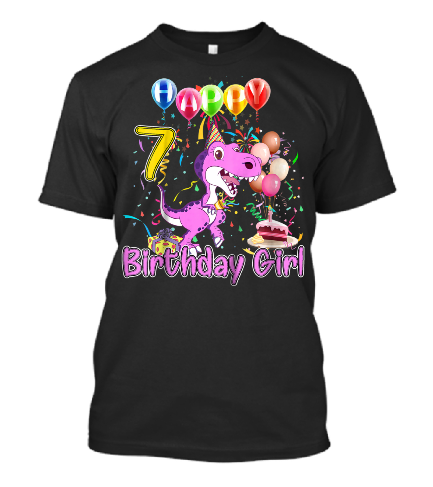 Happy 7 Birthday Girl Dinosaur Party Balloons Cake T-Shirt