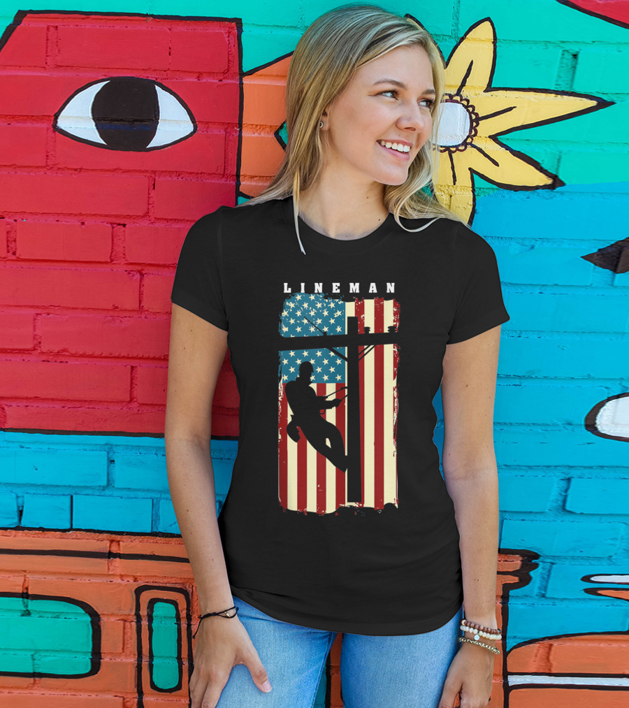 Lineman Silhouette Against American Flag Background With Electric Cable Pole T-Shirt
