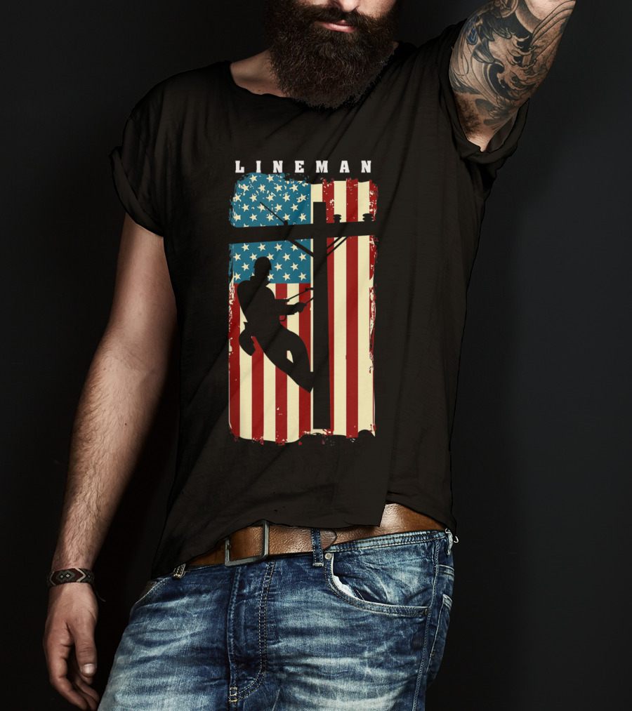Lineman Silhouette Against American Flag Background With Electric Cable Pole T-Shirt
