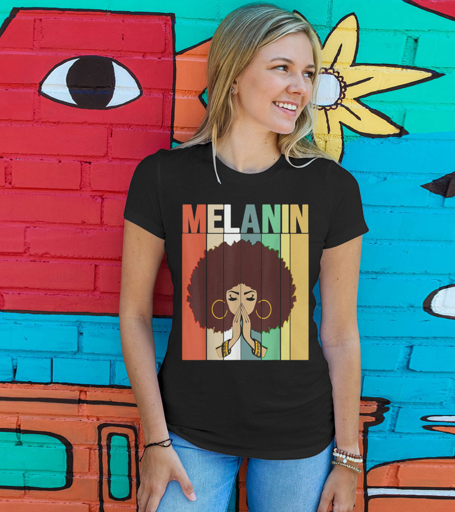 Melanin Vintage Black Afro Woman Prayer Hands Golden Hoop Earrings T-Shirt