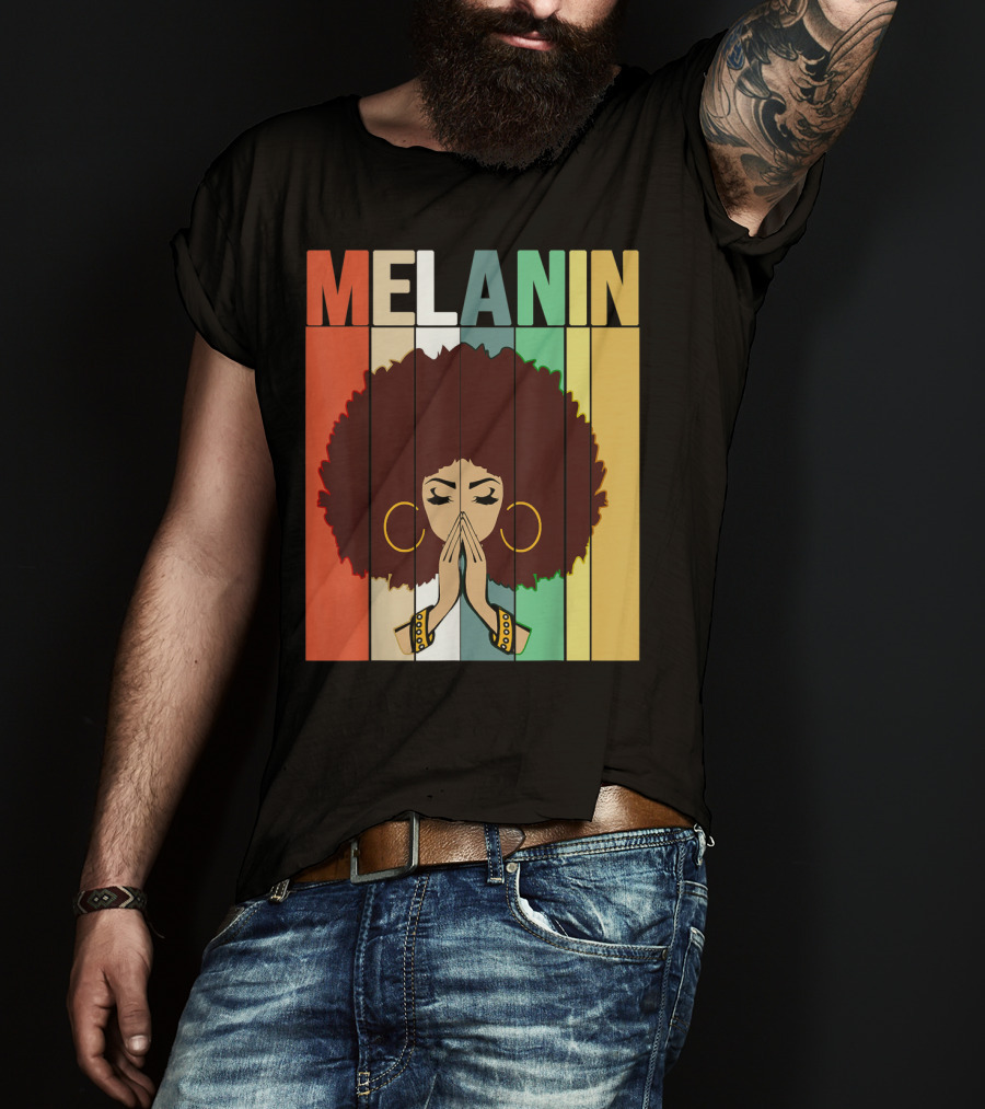 Melanin Vintage Black Afro Woman Prayer Hands Golden Hoop Earrings T-Shirt