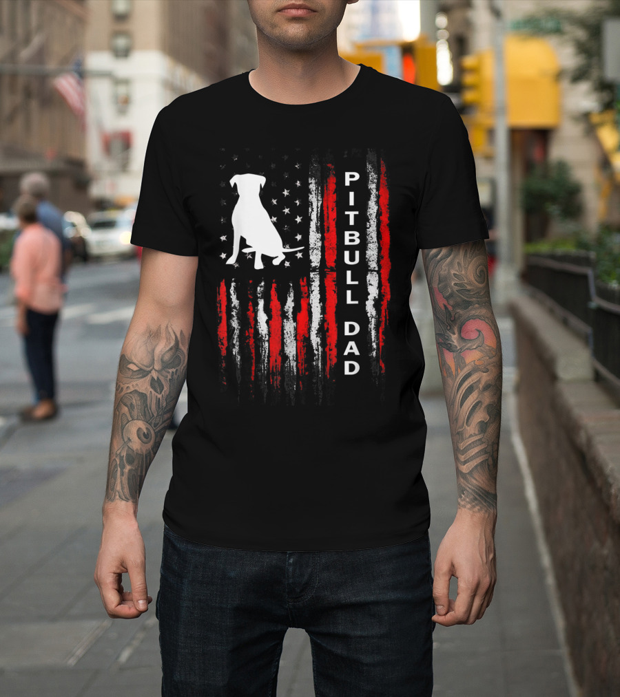 Mens Pitbull Dad American Flag Bully Dog T-Shirt