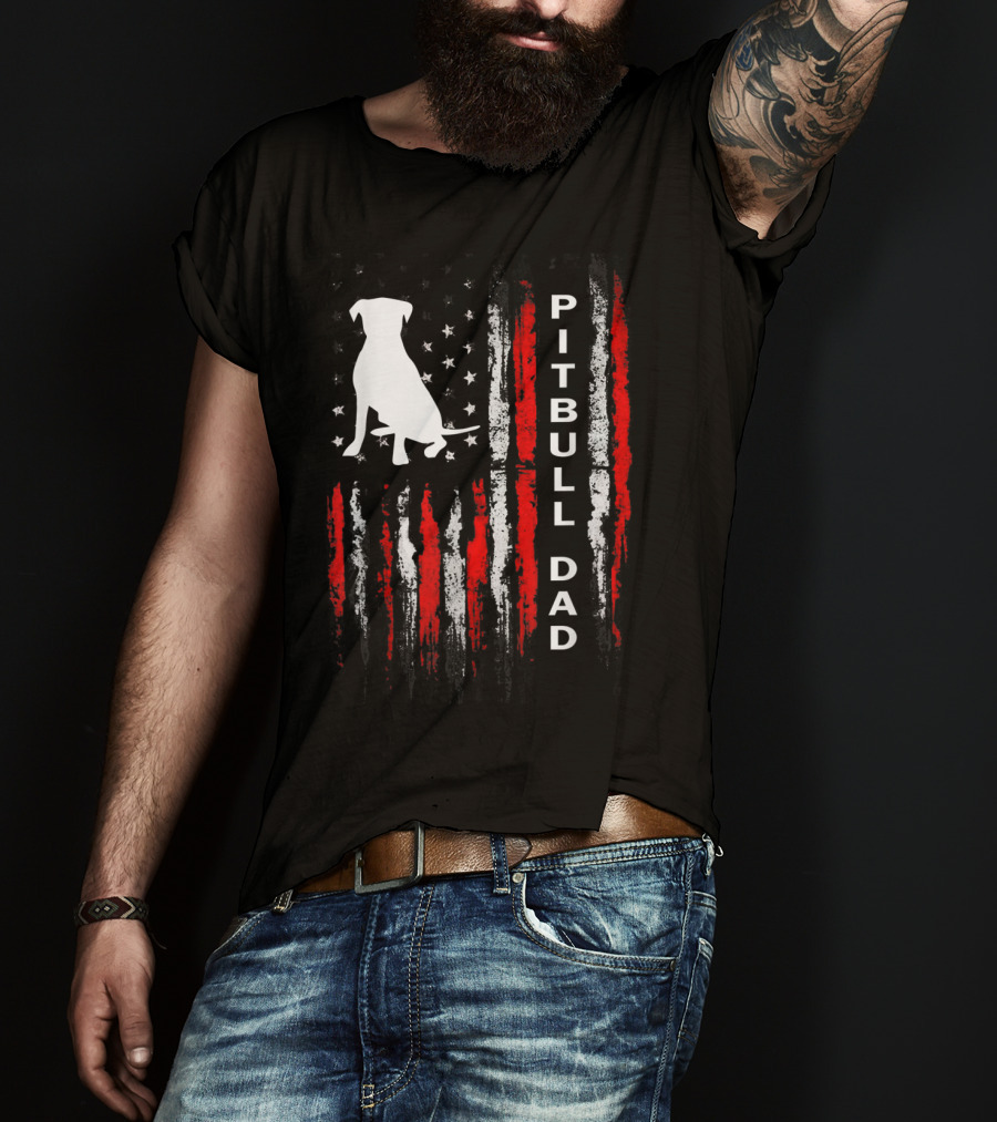 Mens Pitbull Dad American Flag Bully Dog T-Shirt