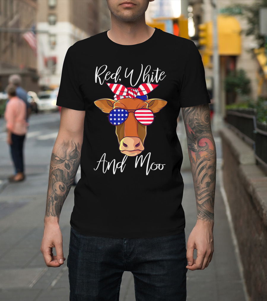 Red White And Moo Patriotic Cow USA Flag Glasses 4th Of July T-Shirt