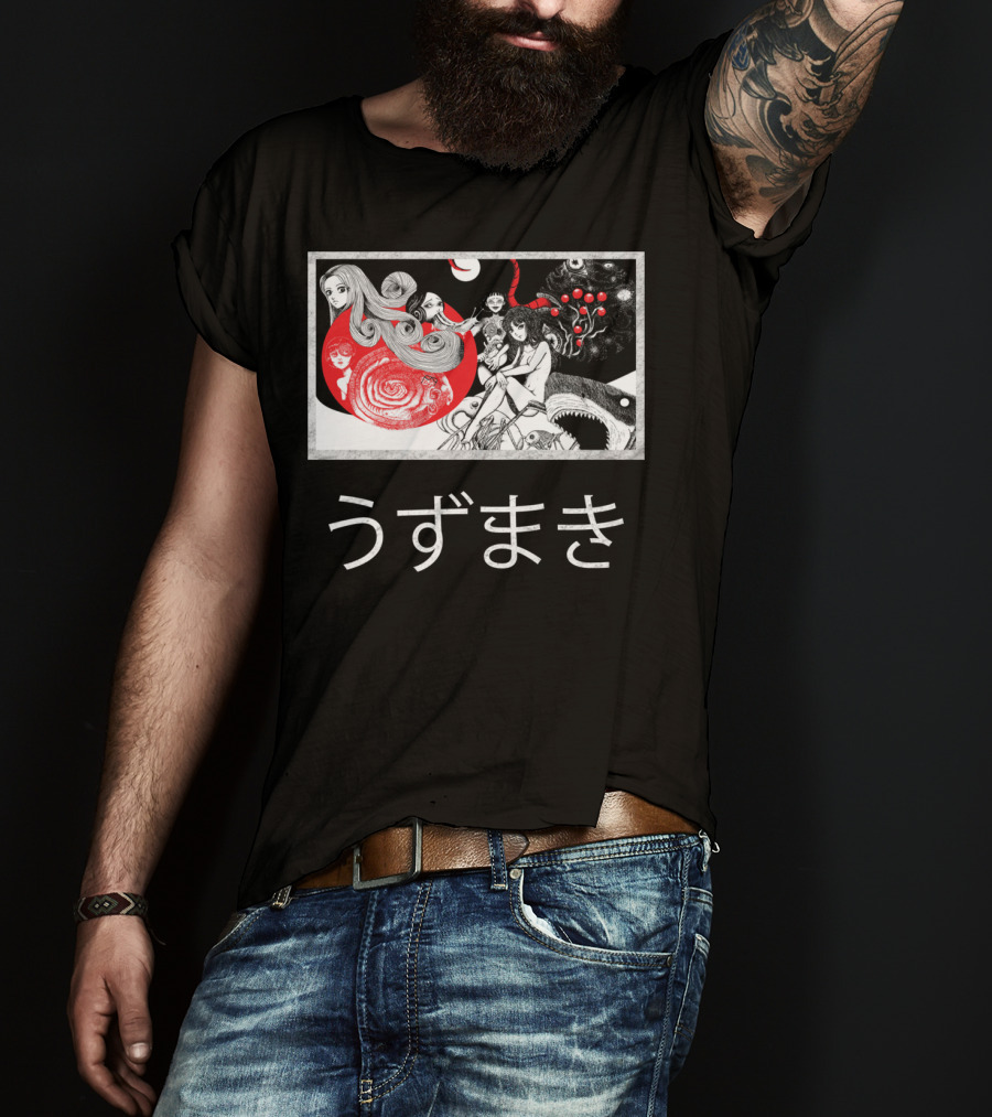 Uzumaki Japanese Horror Surreal Spiral Art With Monsters And Characters T-Shirt