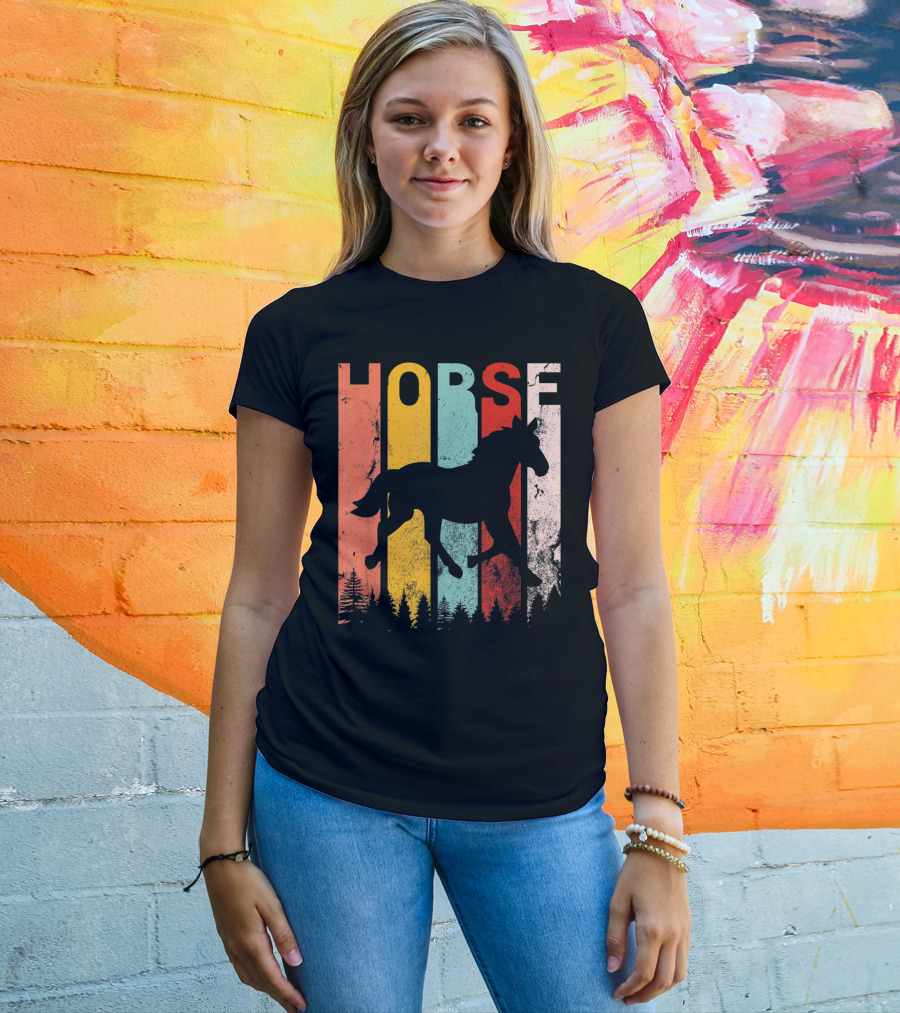 Vintage Style Horse Lover Silhouette With Colorful Stripes And Forest T-Shirt