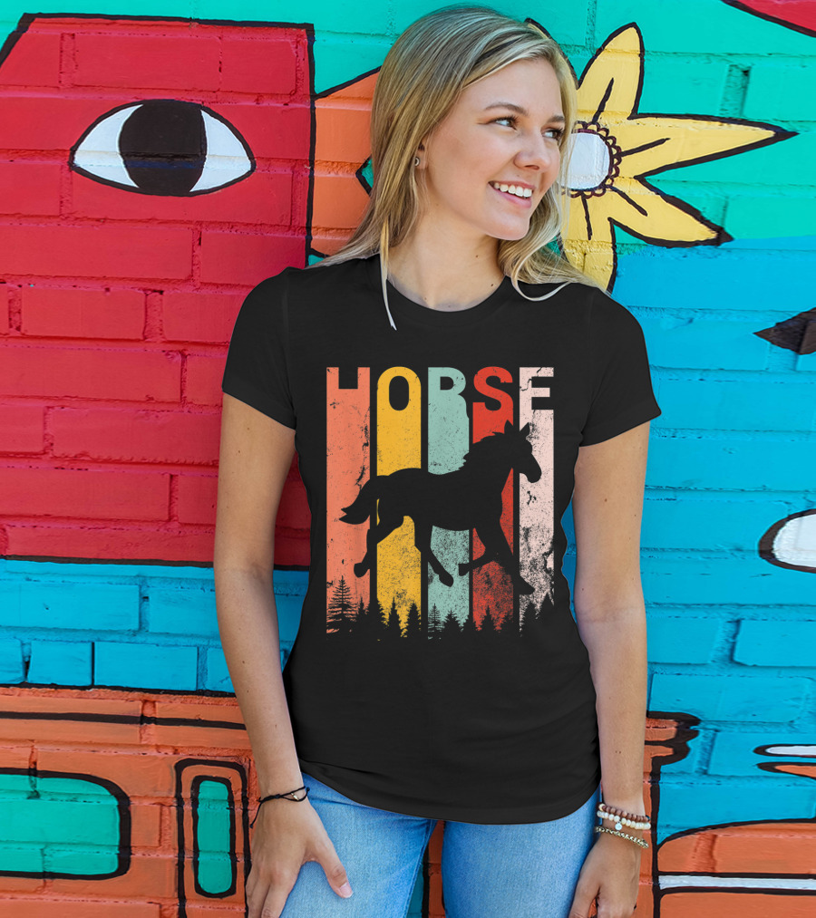 Vintage Style Horse Lover Silhouette With Colorful Stripes And Forest T-Shirt