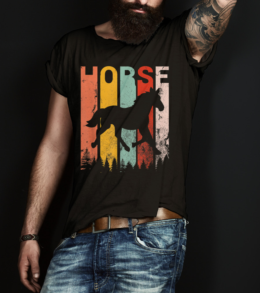 Vintage Style Horse Lover Silhouette With Colorful Stripes And Forest T-Shirt