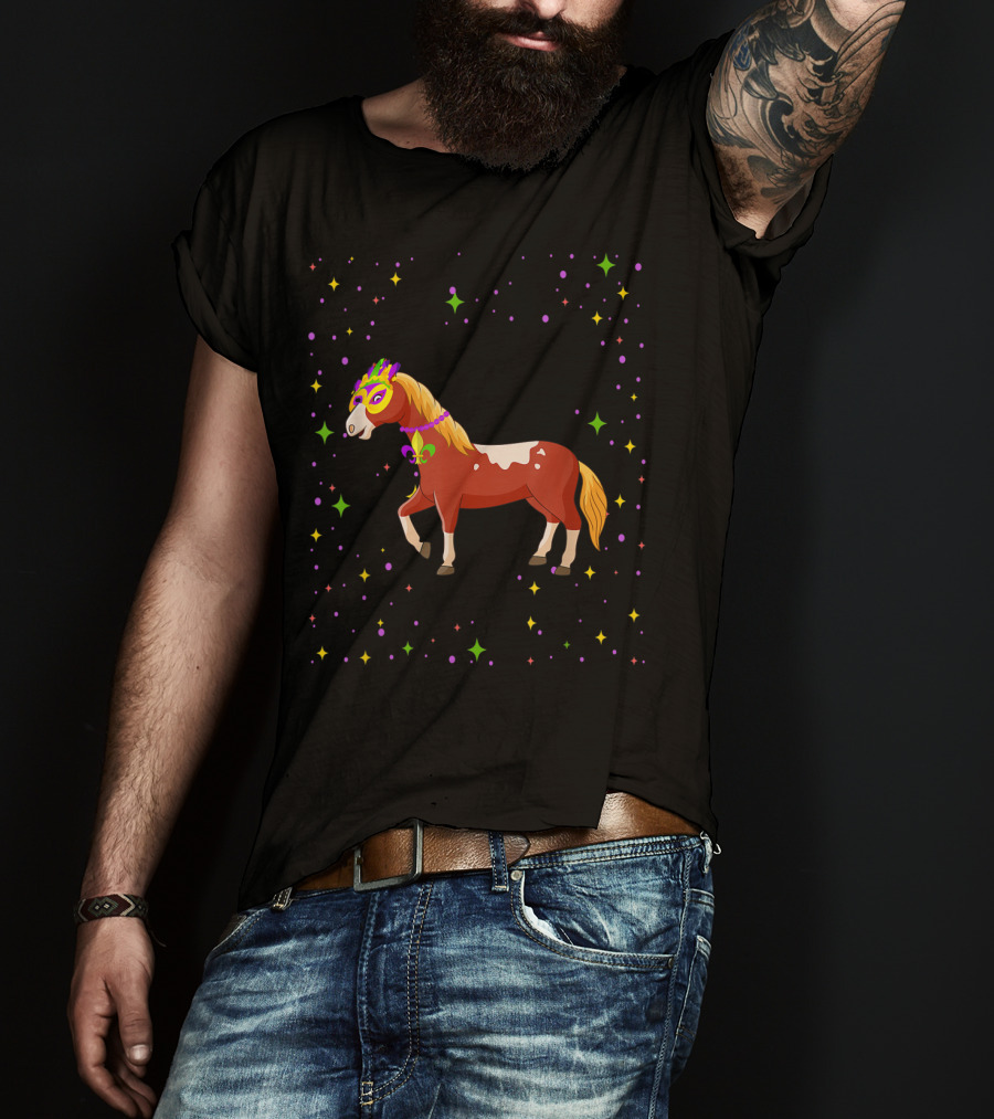 Mardi Gras Horse Wearing Mask And Beads With Colorful Stars T-Shirt