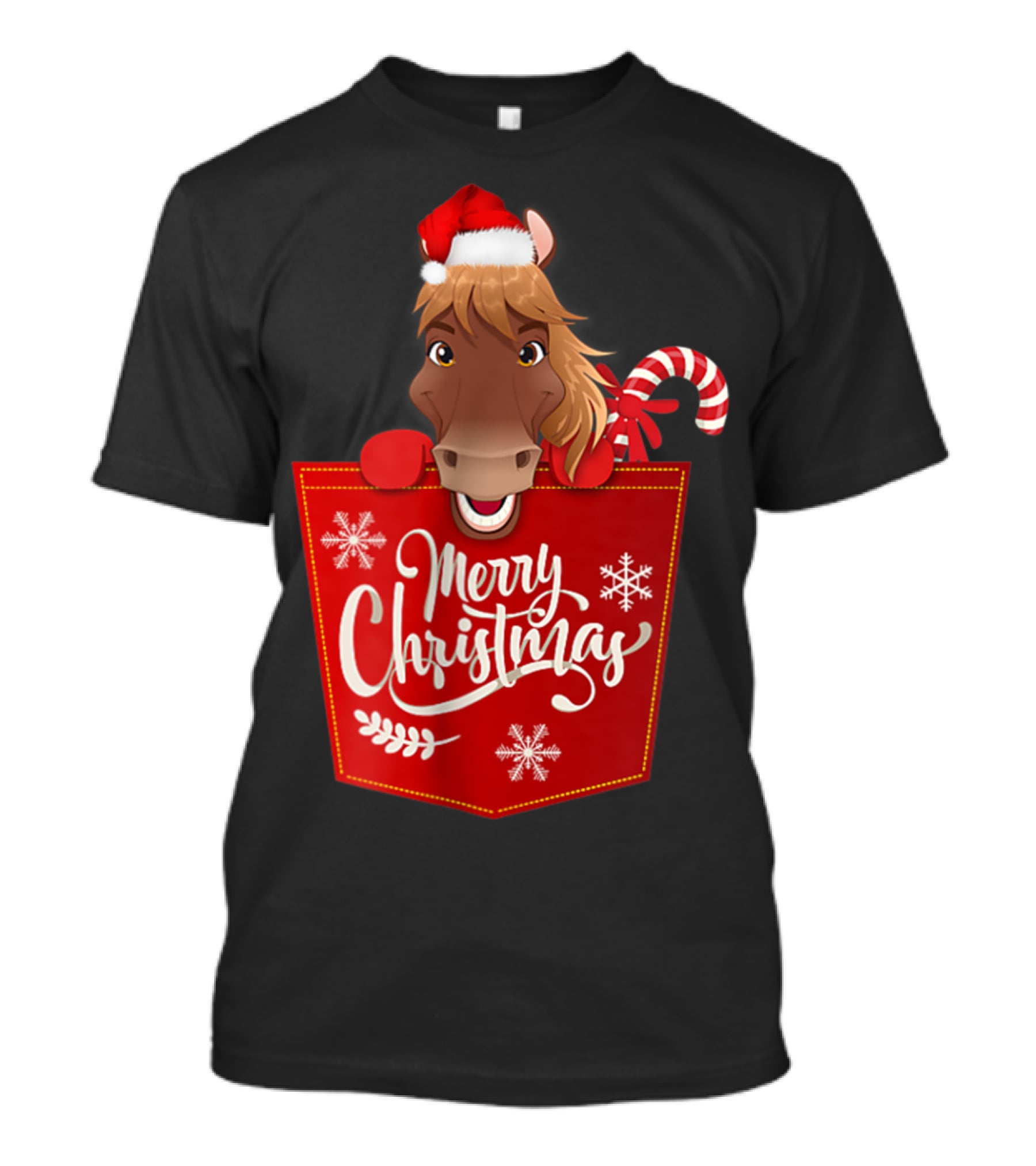 Merry Christmas Santa Hat Horse Candy Cane Funny Pocket T-Shirt