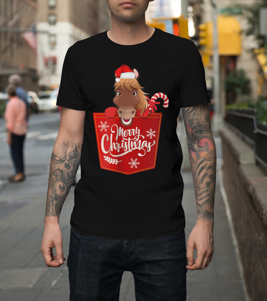 Merry Christmas Santa Hat Horse Candy Cane Funny Pocket T-Shirt