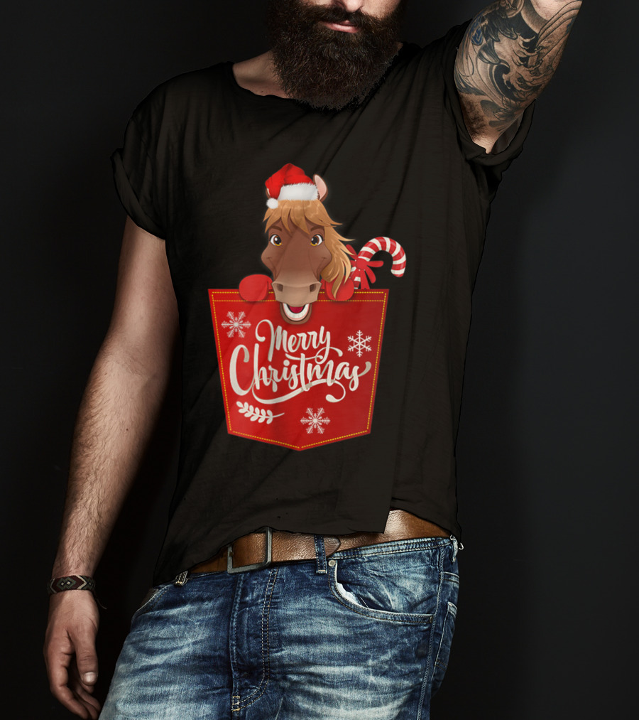 Merry Christmas Santa Hat Horse Candy Cane Funny Pocket T-Shirt