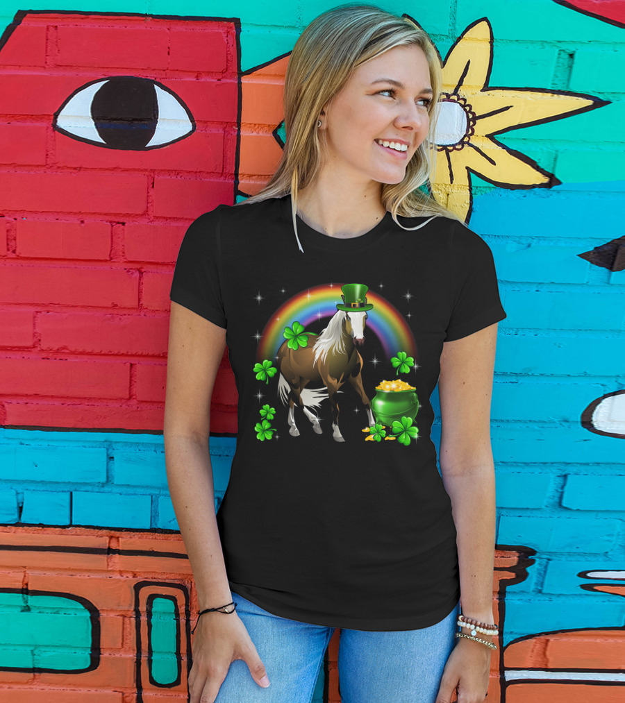 Lucky St Patricks Day Horse With Shamrocks And Rainbow T-Shirt