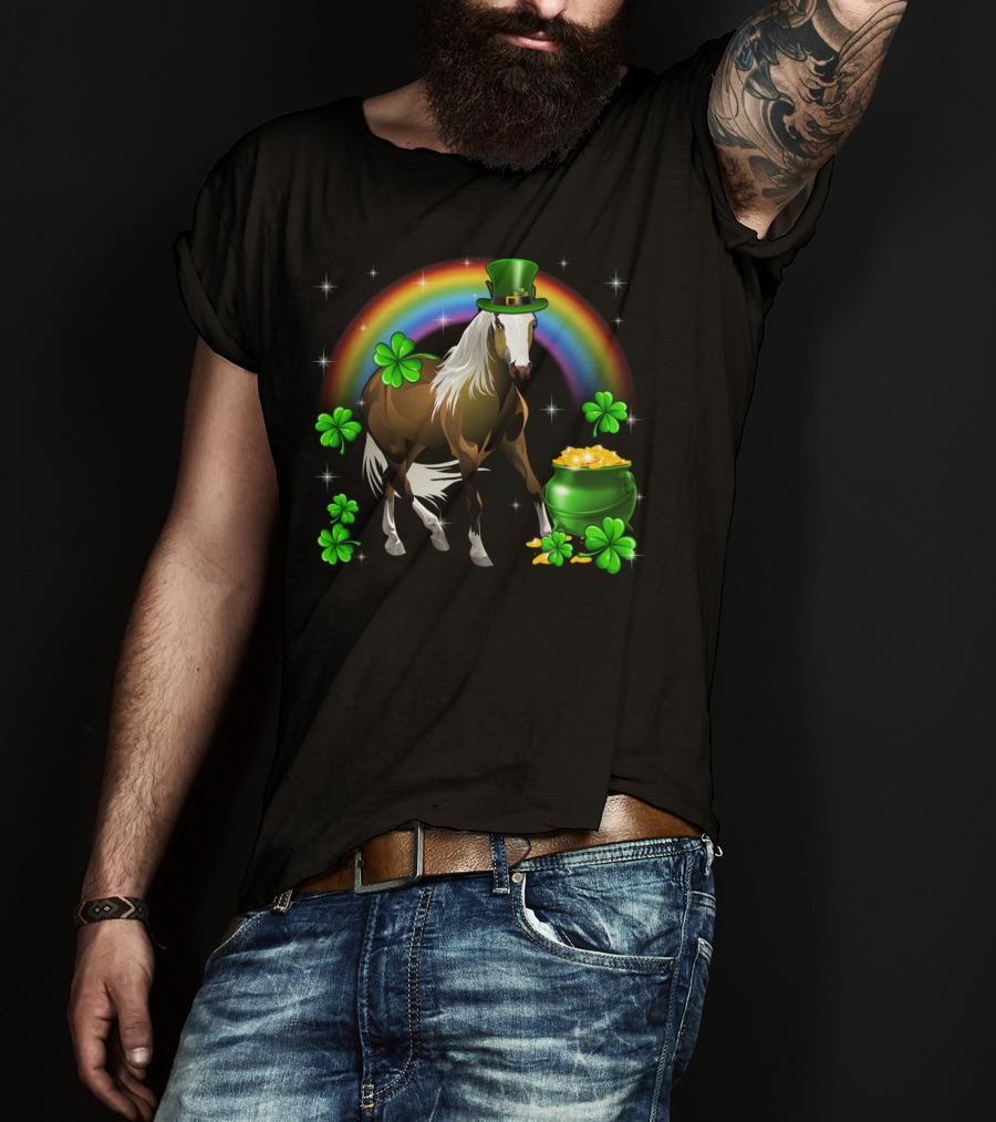 Lucky St Patricks Day Horse With Shamrocks And Rainbow T-Shirt