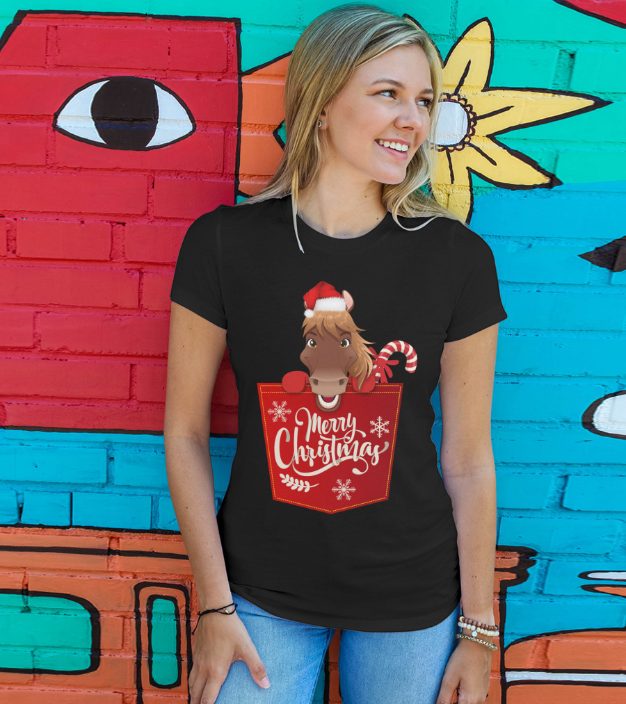 Funny Horse In Santa Hat With Candy Cane Merry Christmas Crewneck T-Shirt