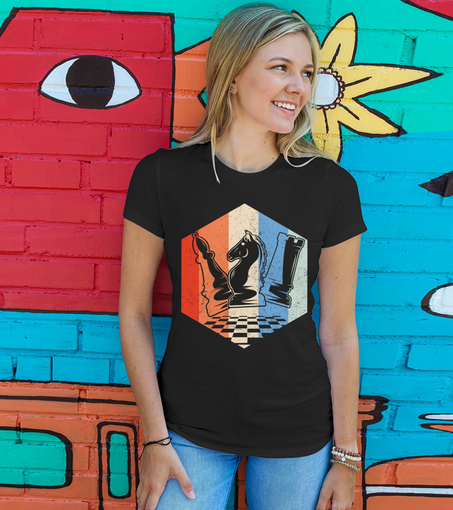 Funny Bishop Horse Rook Chess QD Retro Chessboard T-Shirt