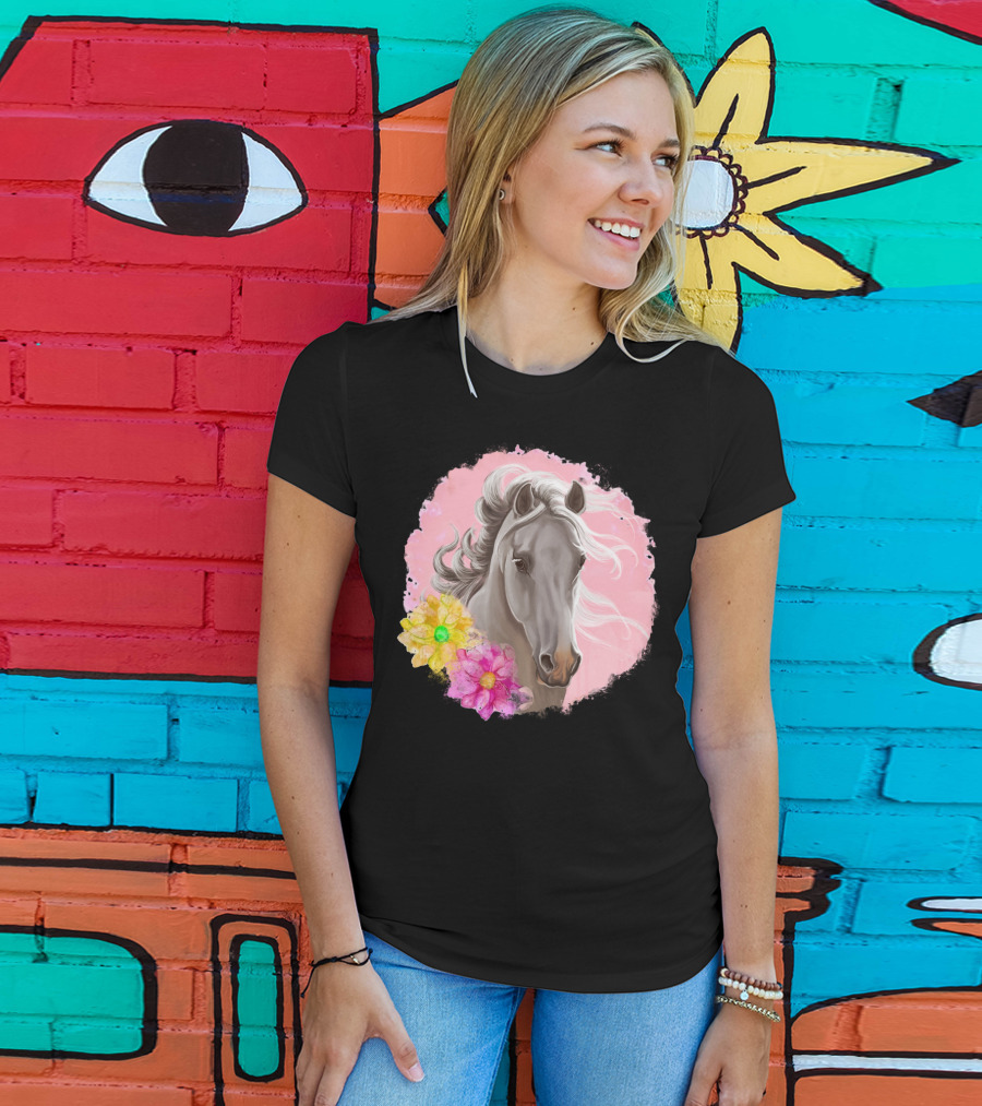 Gorgeous Horse With Vibrant Flowers On Pink Background T-Shirt