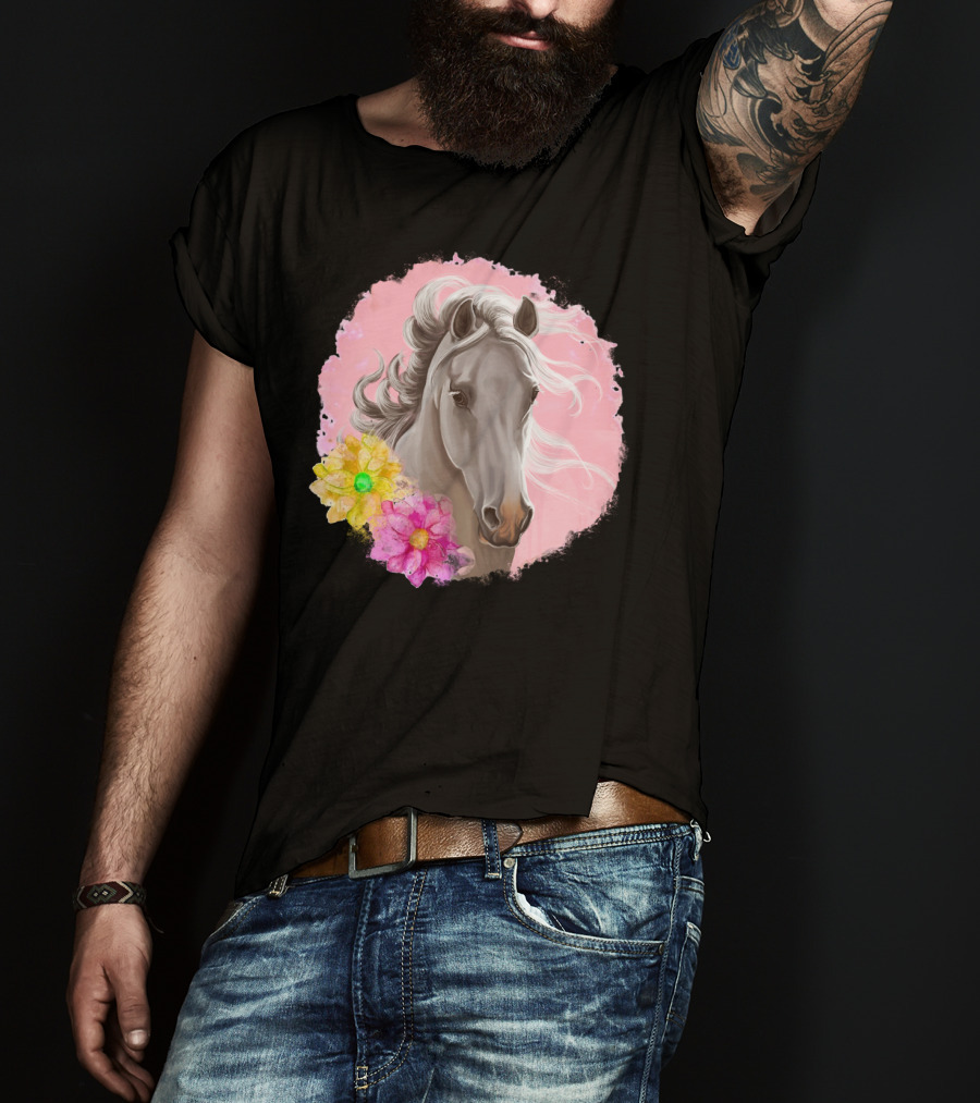 Gorgeous Horse With Vibrant Flowers On Pink Background T-Shirt