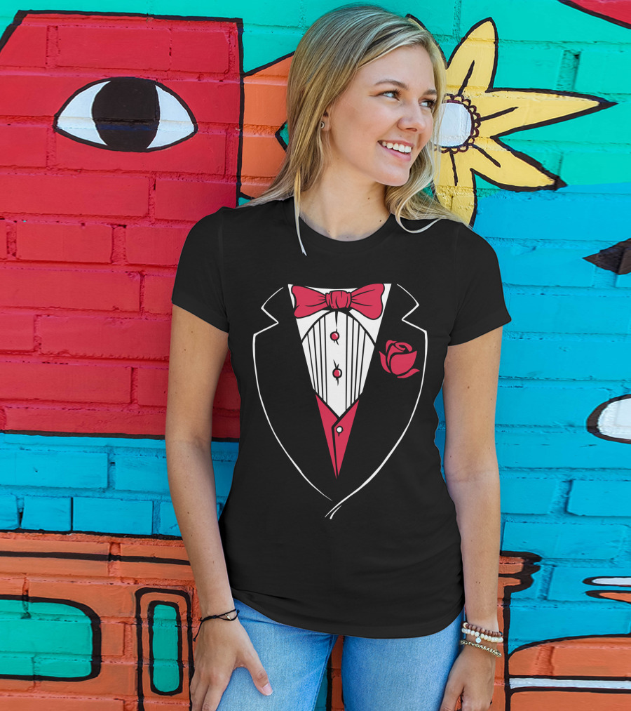 Classic Tuxedo Rose Bowtie Wedding Party Bachelor Costume T-Shirt