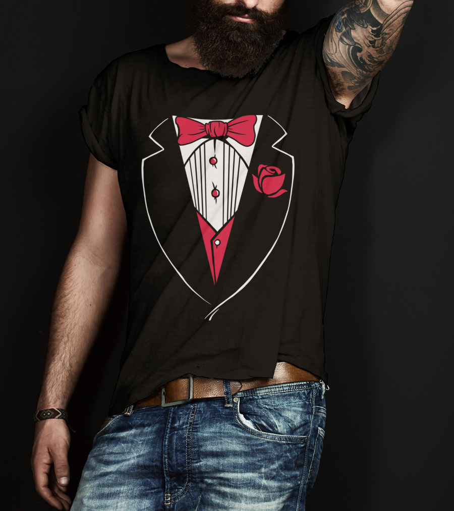 Classic Tuxedo Rose Bowtie Wedding Party Bachelor Costume T-Shirt