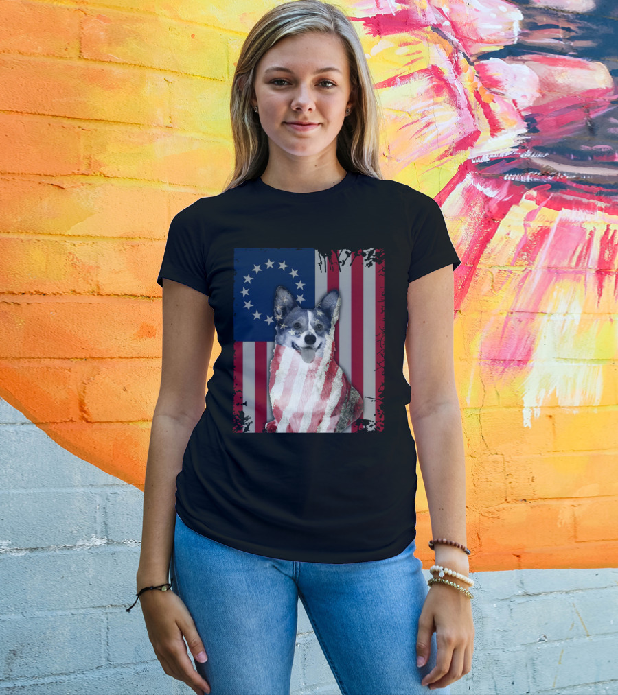 Corgi Betsy Ross US American Flag Costume With Stars And Stripes Background T-Shirt