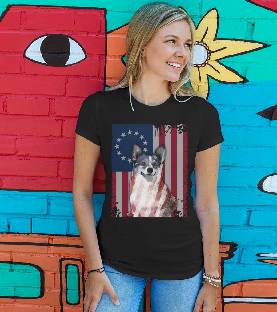 Corgi Betsy Ross US American Flag Costume With Stars And Stripes Background T-Shirt