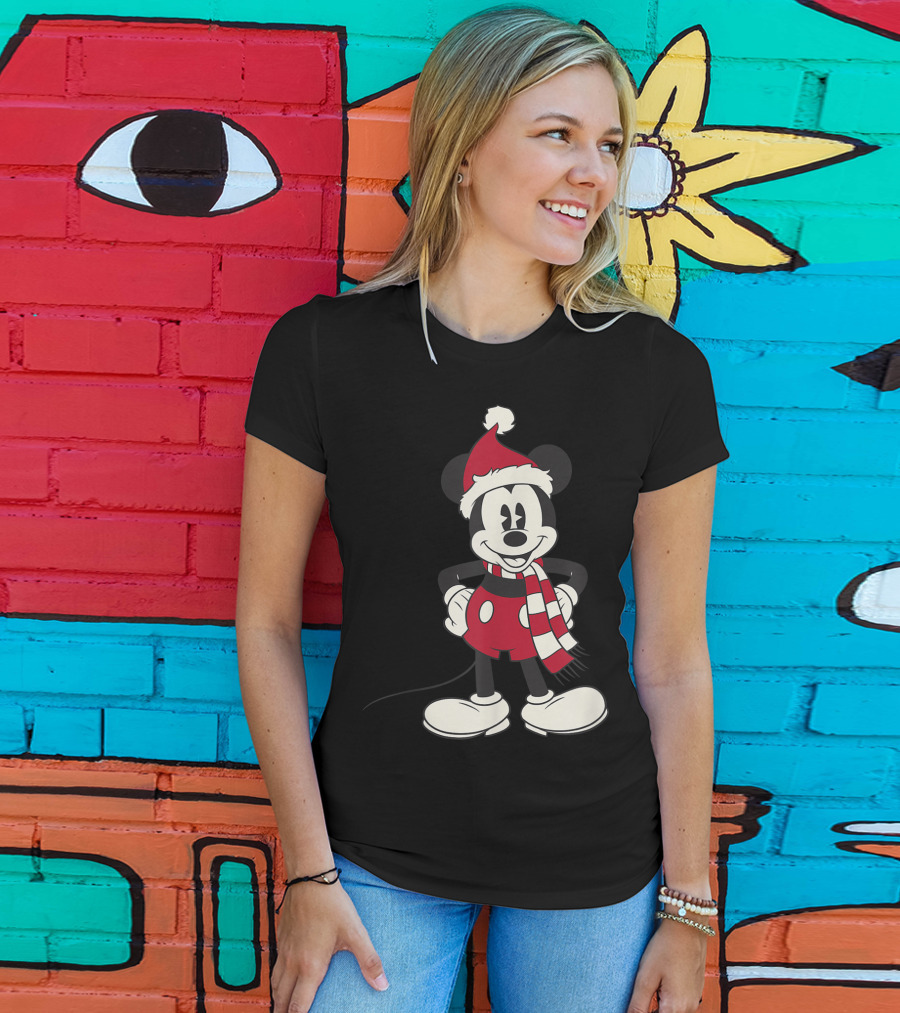 Disney Mickey Mouse Christmas Santa Hat And Scarf T-Shirt