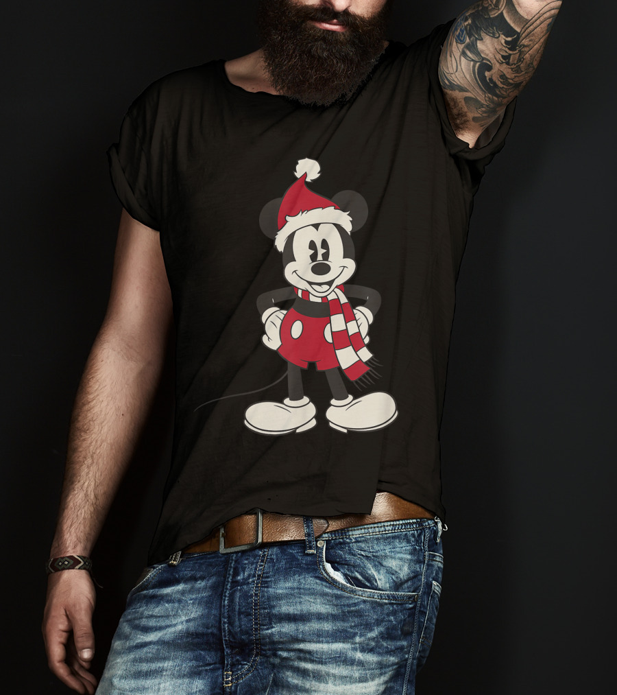 Disney Mickey Mouse Christmas Santa Hat And Scarf T-Shirt