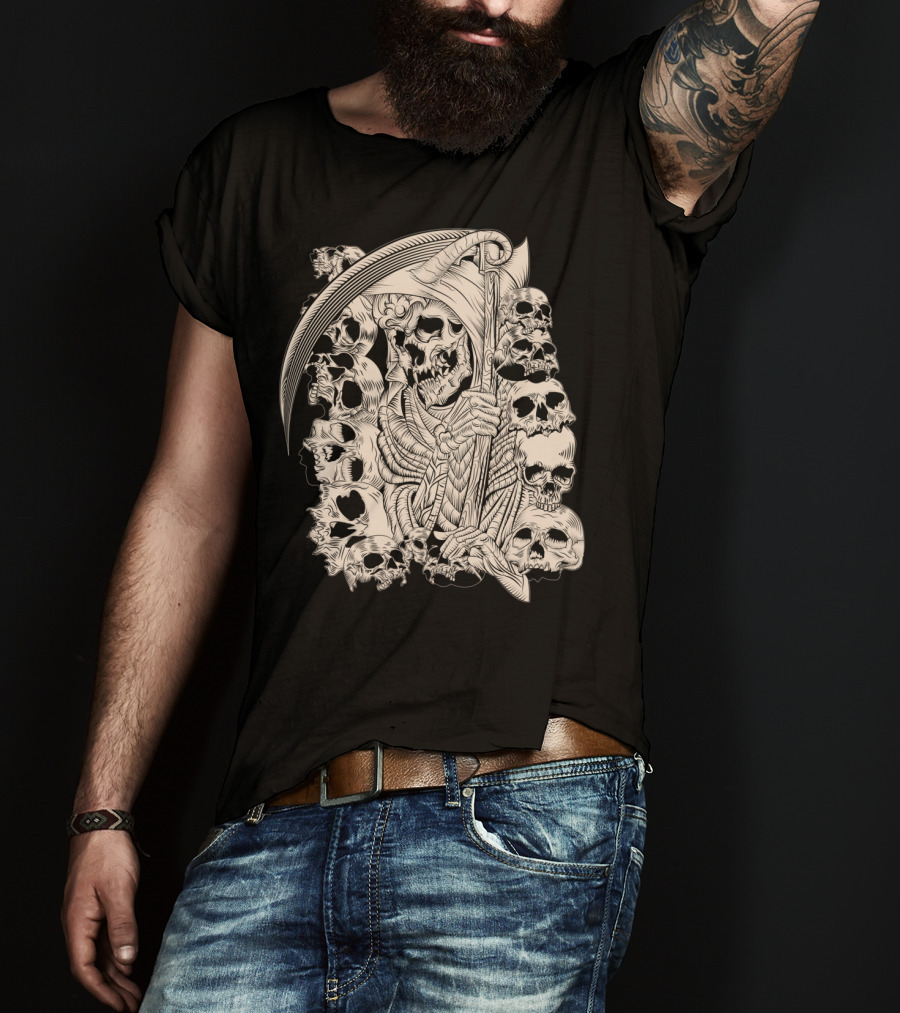 Grim Reaper Skull Scythe Classic Ink Drawing T-Shirt