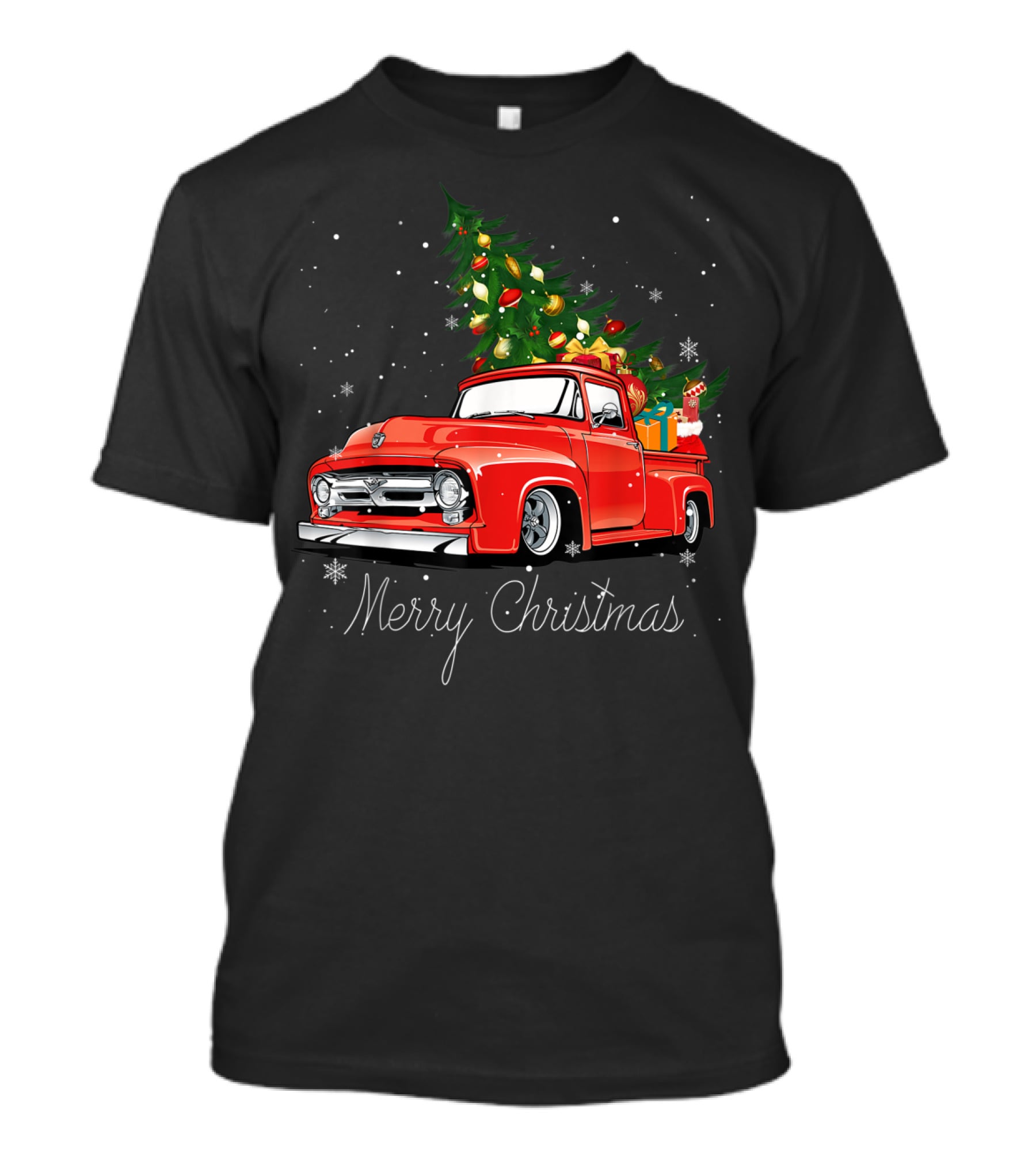 Merry Christmas Red Truck With Christmas Tree And Gifts In Snow T-Shirt