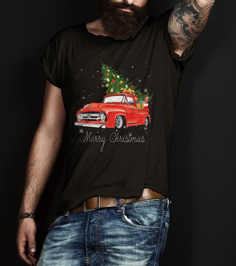 Merry Christmas Red Truck With Christmas Tree And Gifts In Snow T-Shirt