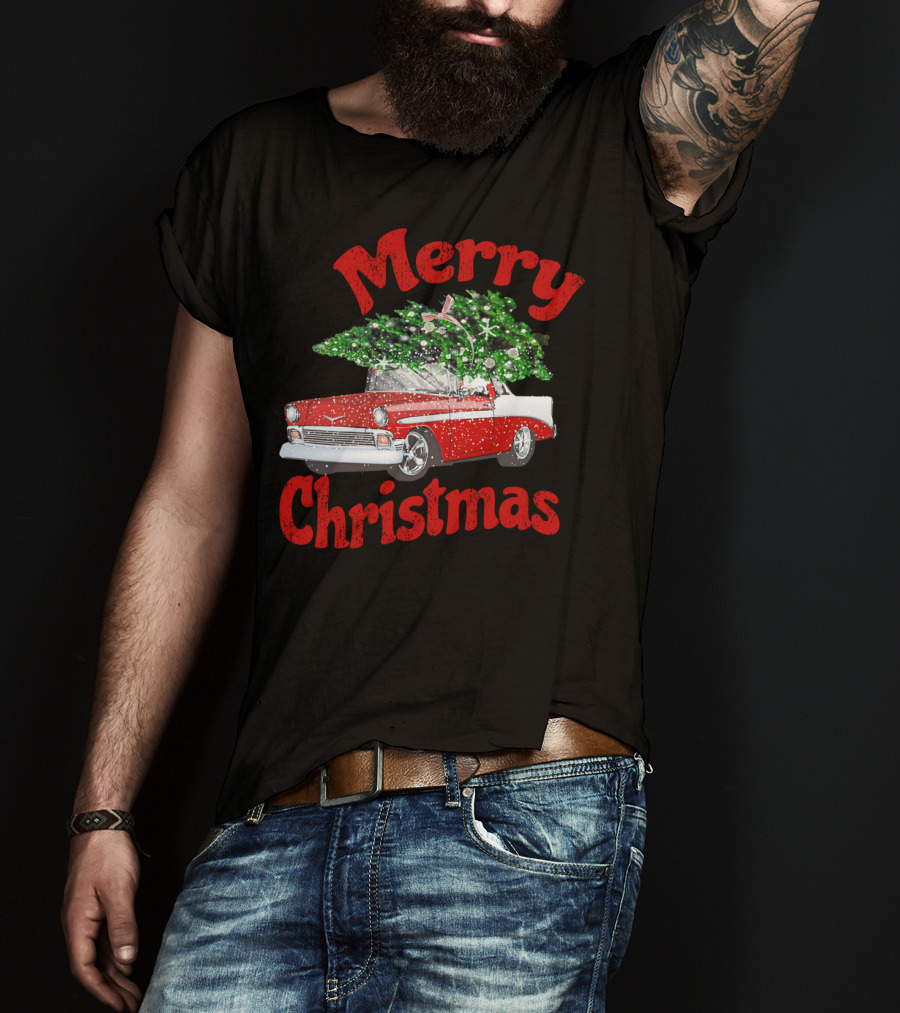 Merry Christmas Vintage Classic Car With Christmas Tree T-Shirt