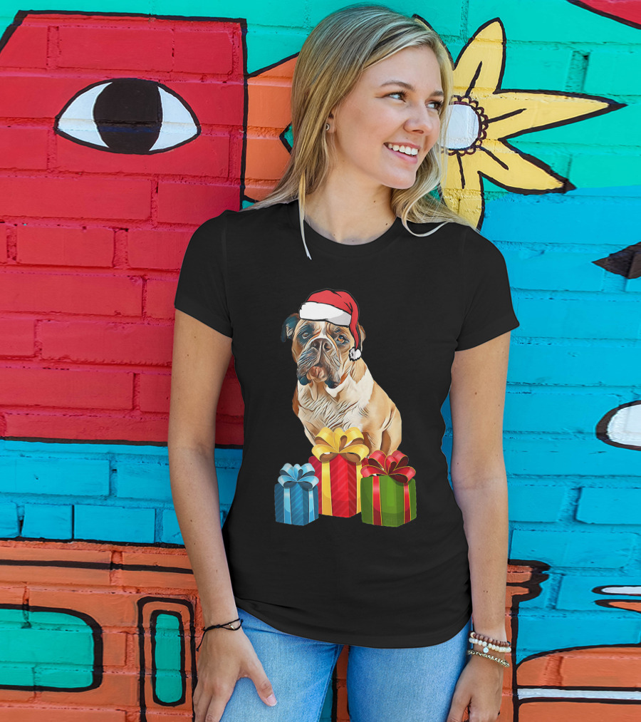 Bulldog With Santa Hat And Holiday Gifts T-Shirt
