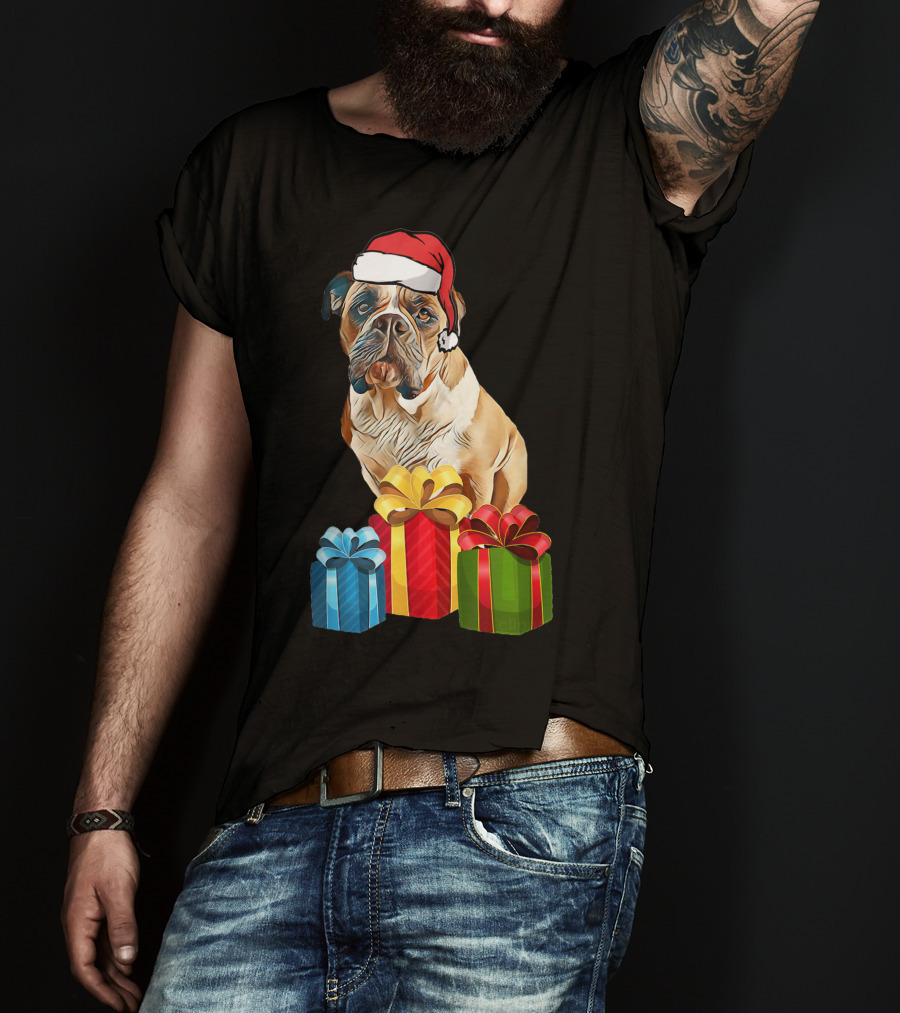 Bulldog With Santa Hat And Holiday Gifts T-Shirt