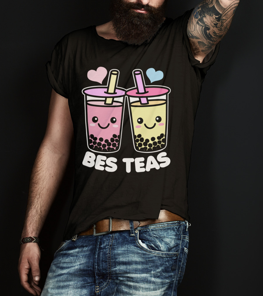 Bes Teas Cute Kawaii Boba Drinks Pink Yellow Hearts T-Shirt