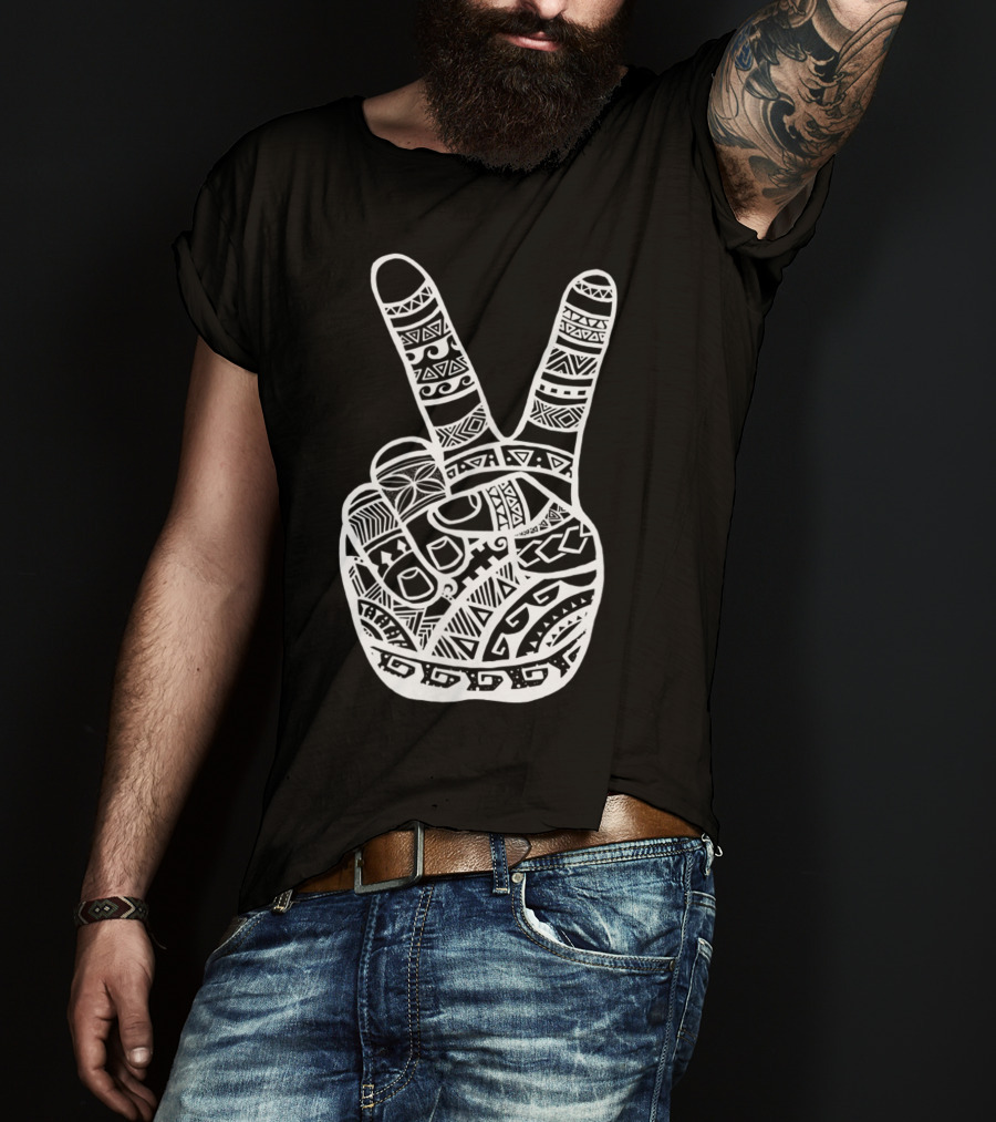 Boho Tiki Tattoo Polynesian Peace Sign Hand T-Shirt